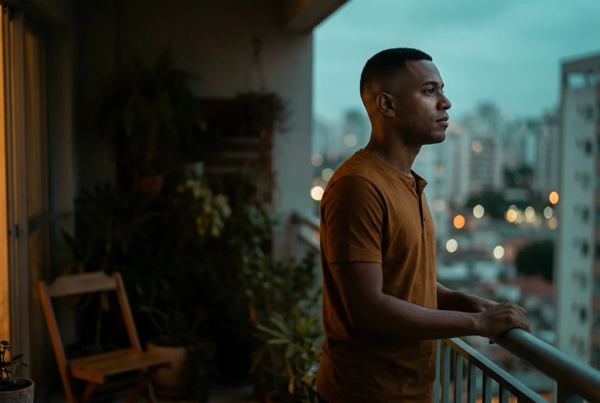 Varanda ao entardecer com mãos vazias no parapeito — pausa na jornada