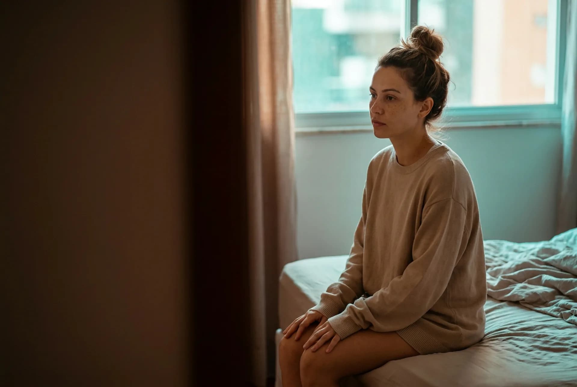 Pessoa sentada à beira da cama, mãos nos joelhos — o momento em que a pressa sobe