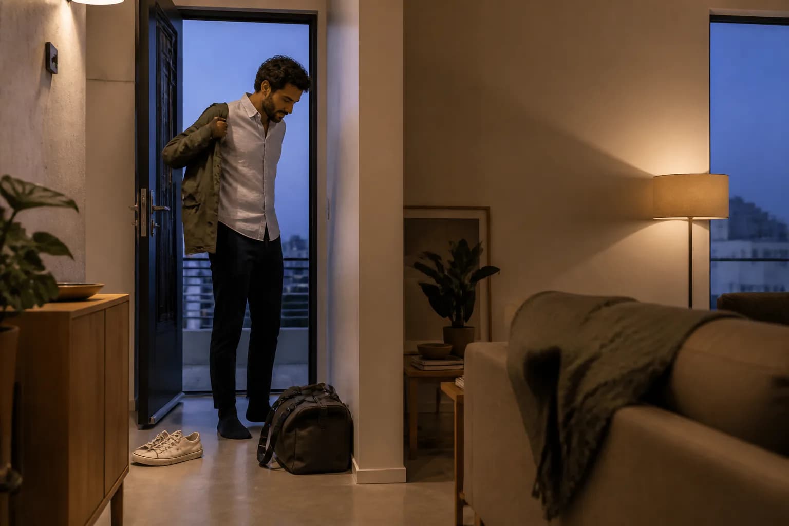 Homem chegando em casa no início da noite, deixando a bolsa junto à porta