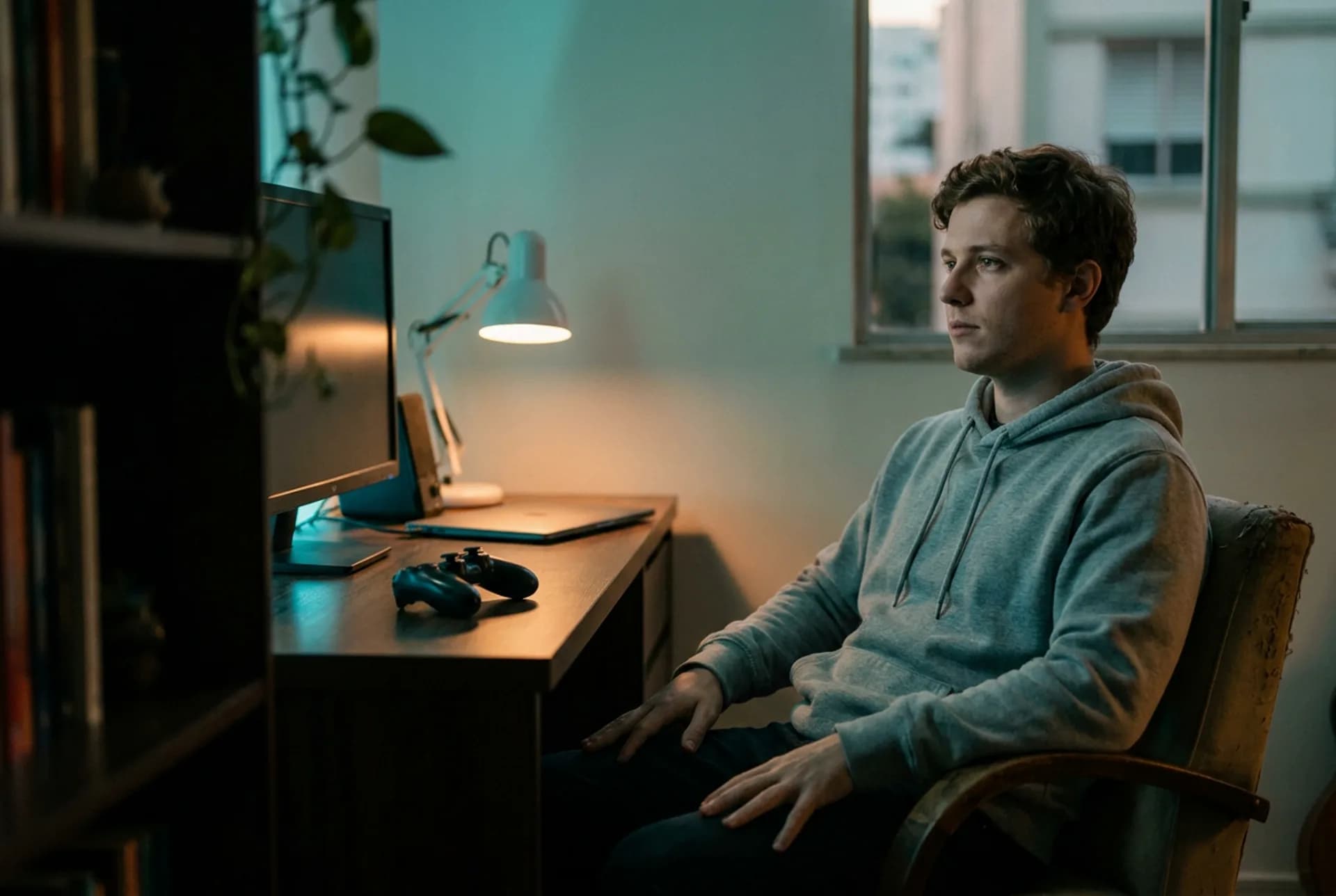 Controle virado sobre a mesa e monitor apagado — pausa depois da sessão