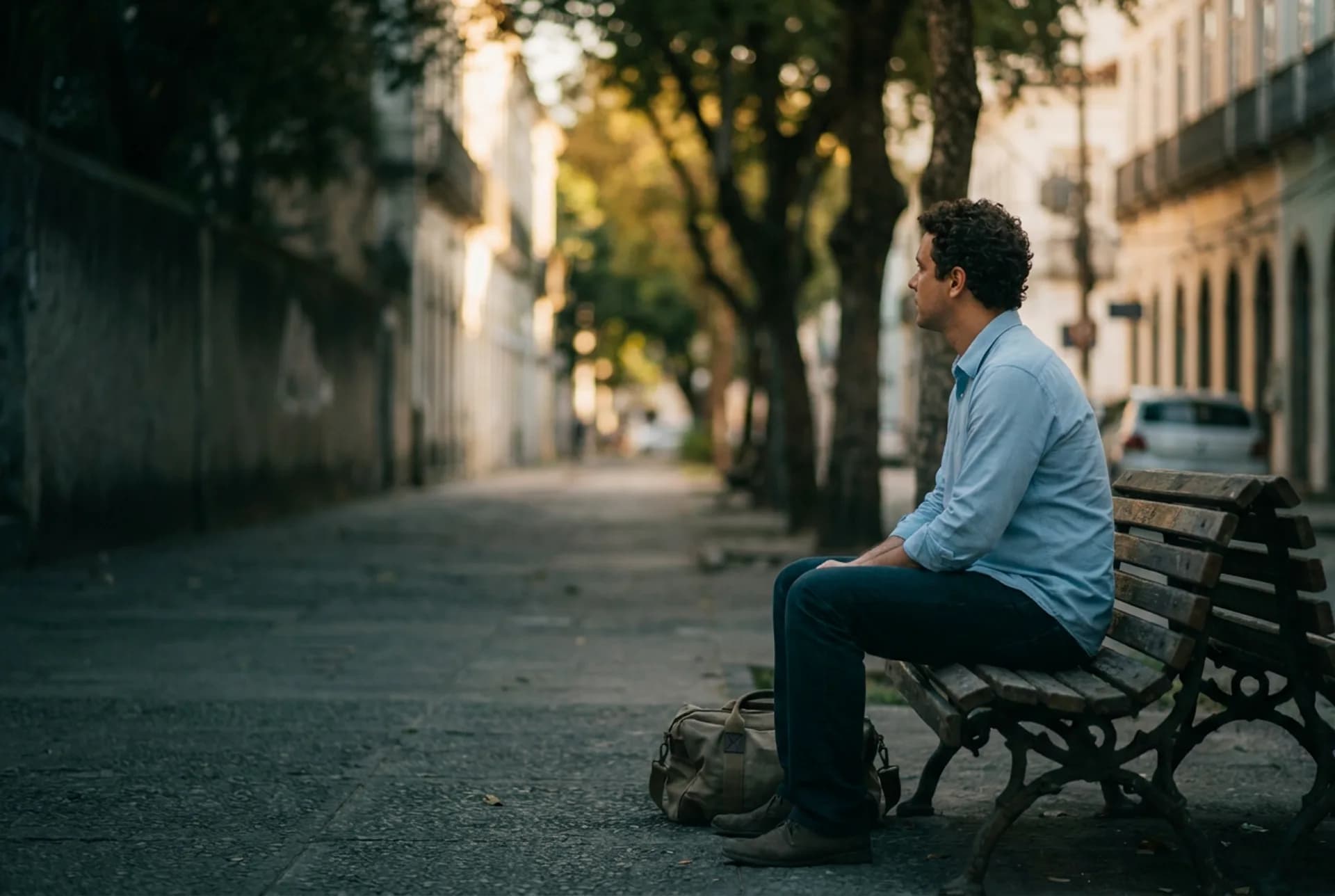Banco ao entardecer com pequena mala — reconstrução com dignidade